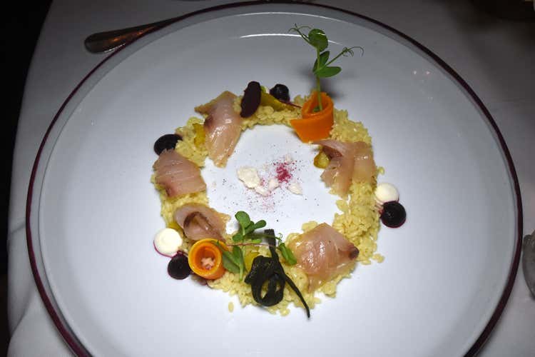 Minestra asciutta allo zenzero con ricciola marinata al caffe e spumino di ceci (Serata gourmet a Il Falconiere 
per celebrare il World Pasta Day)