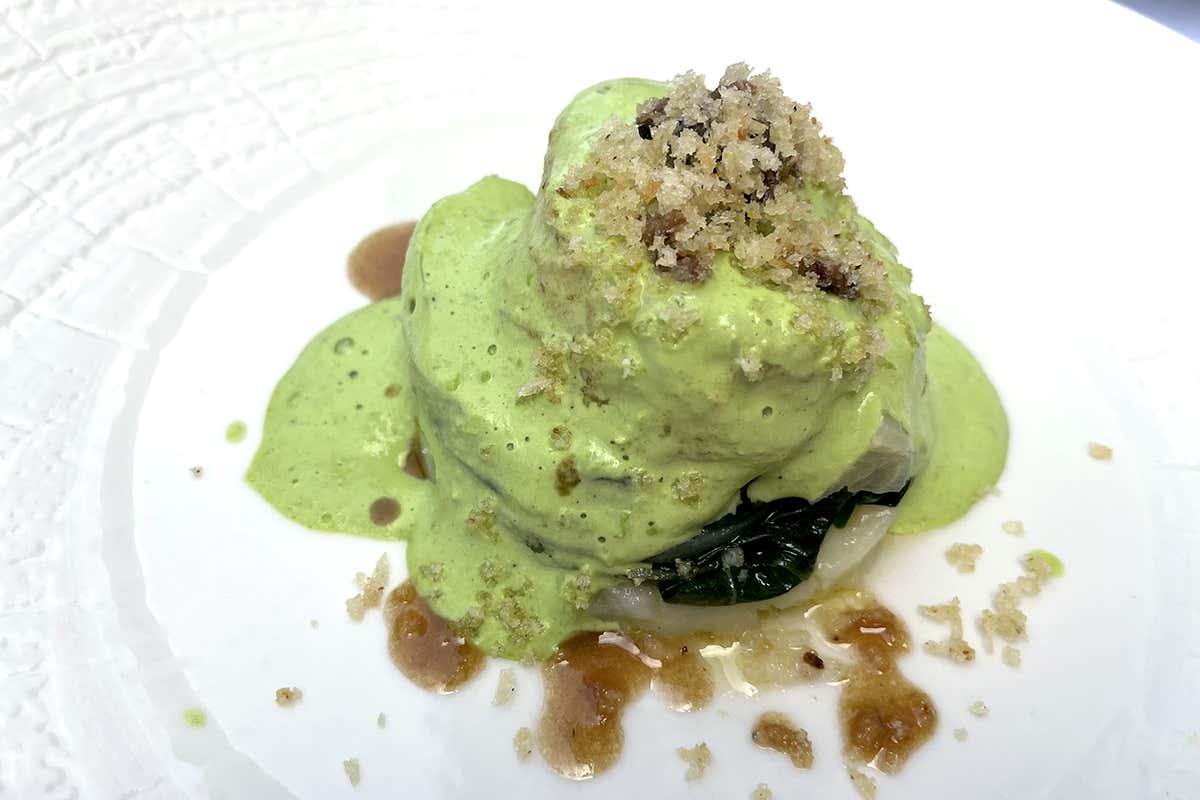 Medaglione di rana pescatrice, spuma di piselli, patchoi, acciuga