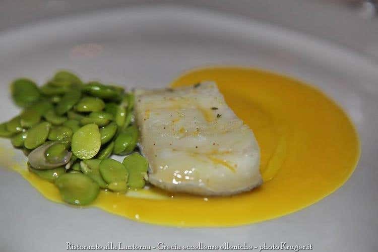 Baccalà con favette fresche e salsa di zafferano - Theo Karathanasis “prima” nelle Marche 
Menu greco nella cucina di Elide Pastrani