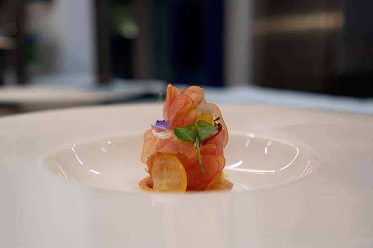 Carpaccio di Cuore di bue ligure ed estratto di gazpacho condito con Olio evo Riviera Ligure Dop (Torino capitale del gusto 
con l'Olio Riviera Ligure Dop)