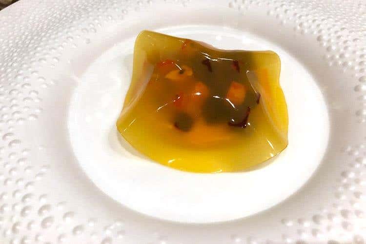 Carota, radici, frutto della passione, zenzero e burro tiepido - Francesco Mascheroni (Una serata “Armani style” 
Ponte gourmet fra Tokyo e Milano)