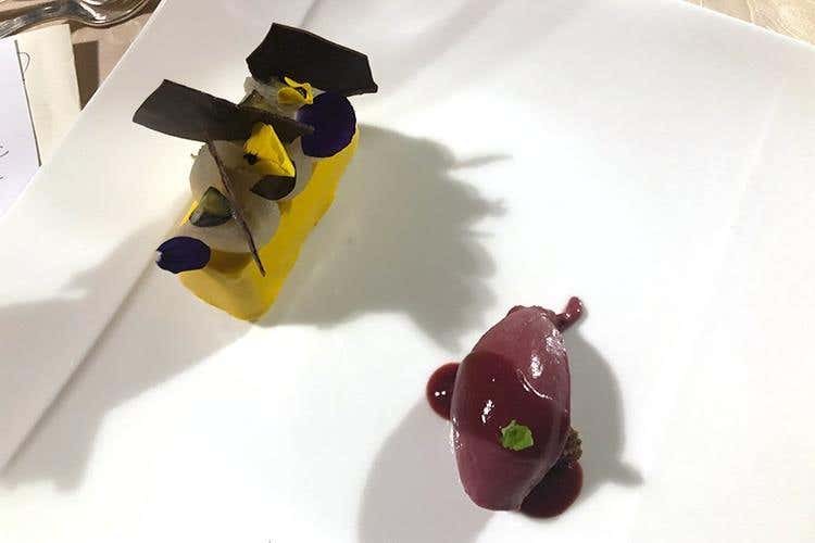 Mascarpone e philadelphia, salblé di semi di zucca, sorbetto d'uva fragolina e crema di fragolino (Wine Cup Alta Badia, 3ª edizione 
Vini abbinati agli sport invernali)