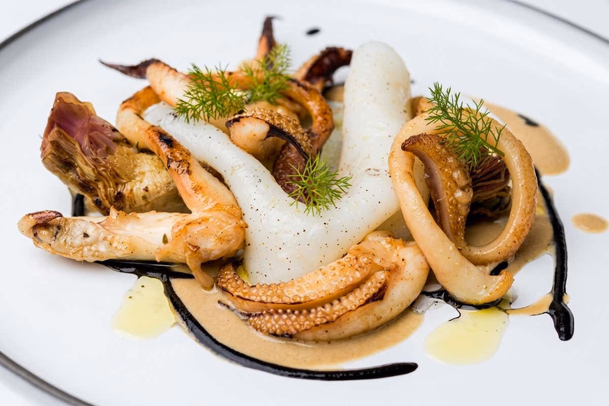 Ricetta creativa di seppia e carciofi firmata Fabio Mauro Tommaso Gallo